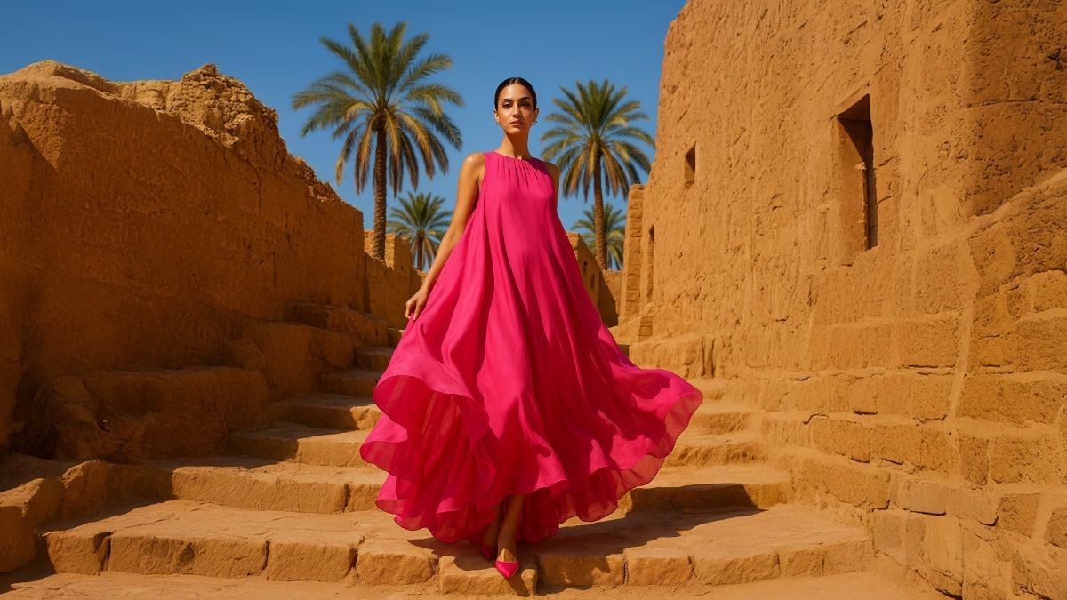 من حملة جازي: فستان أحمر في موقع تراثي